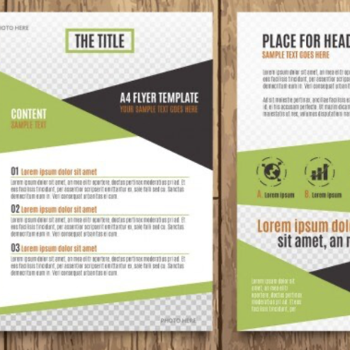 A stylish flyer template with geometric shapes, headings, and placeholder text.
