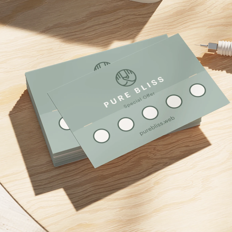 A teal card with "PURE BLISS" and five circular prompts for tracking progress.