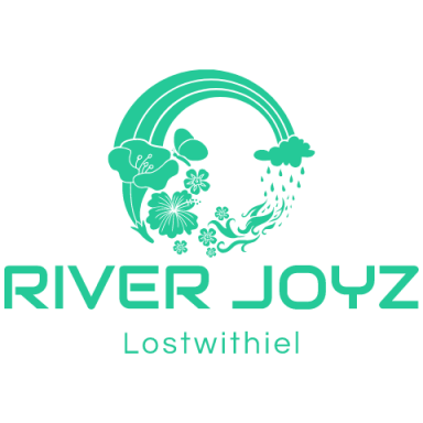 Logo featuring the text "River Joyz" with a rainbow, clouds, and floral elements in teal.