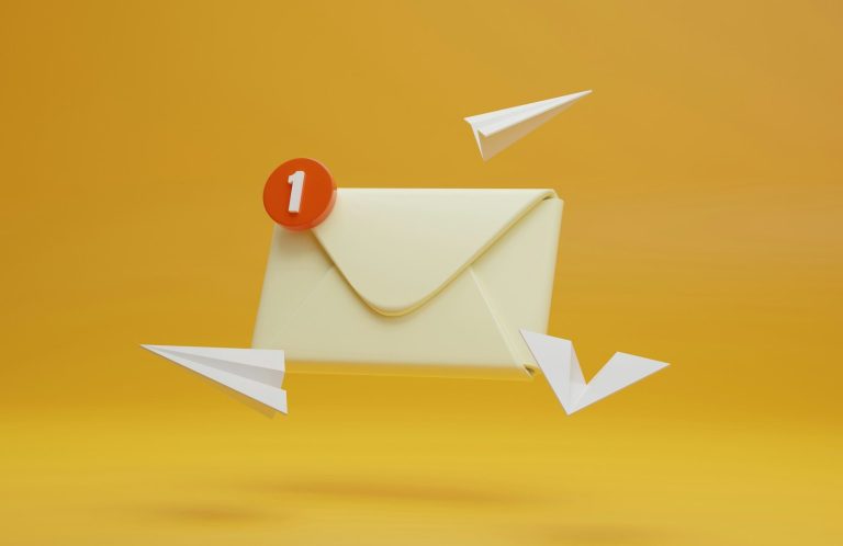A yellow envelope with a notification and paper airplanes on an orange background.