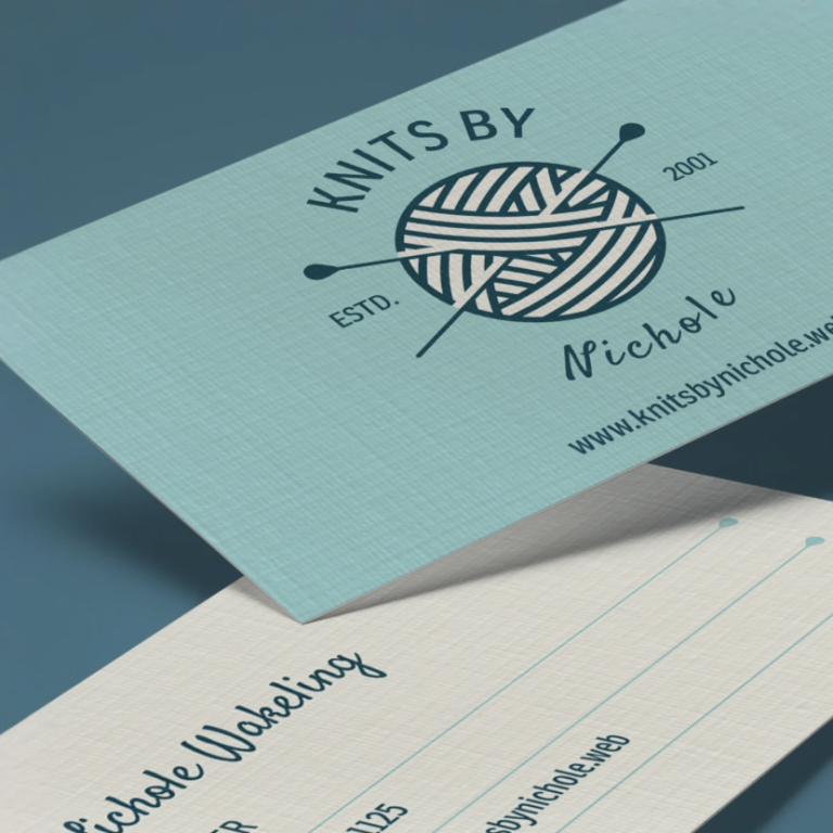 Business card design for "Knits By Nichole" featuring a yarn illustration and contact details.