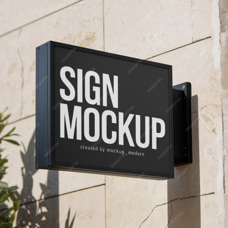 A black sign mockup with bold white text displaying "SIGN MOCKUP".