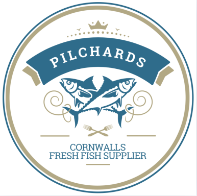 Logo for Pilchards, a fresh fish supplier from Cornwall, featuring two fish.
