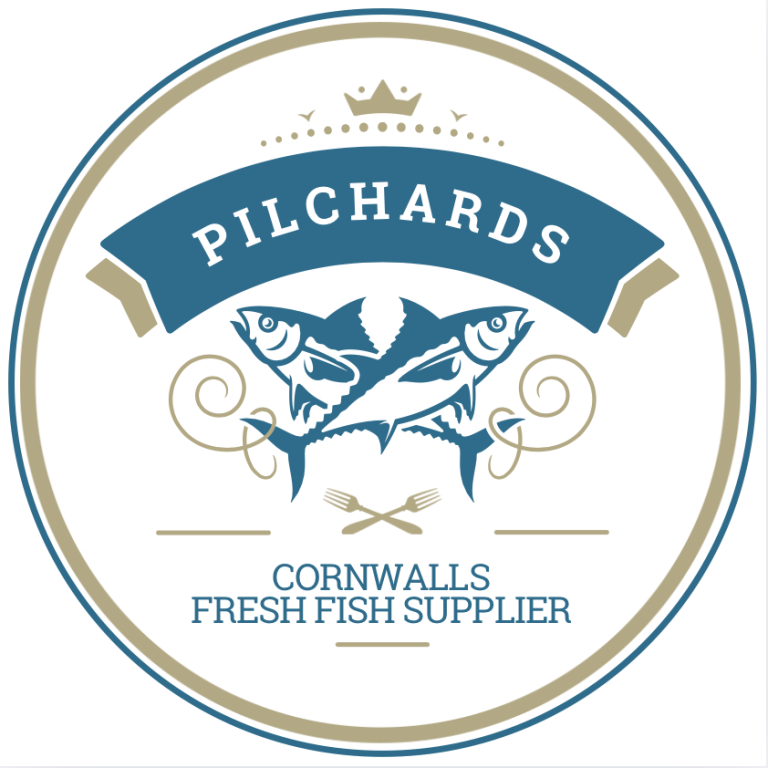 Logo for Pilchards, Cornwall's fresh fish supplier, featuring two fish graphic.