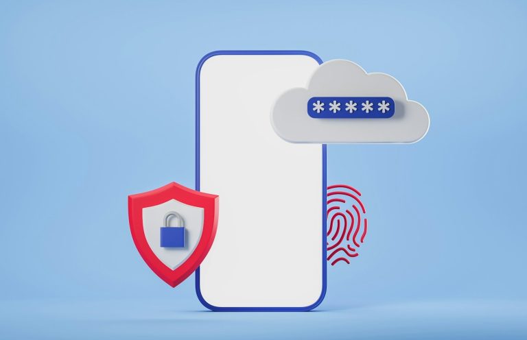 A smartphone with security symbols and a cloud, representing data protection.