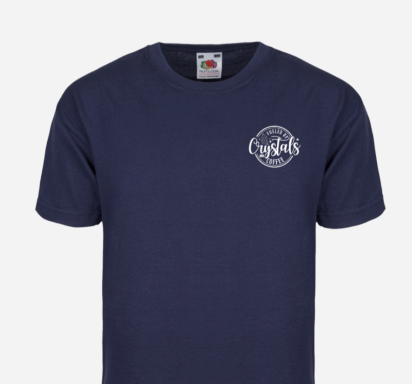 Navy blue T-shirt with a circular logo on the chest.