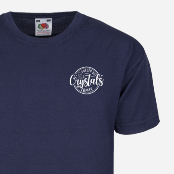 Navy blue t-shirt with a circular "Crystals" logo on the chest.